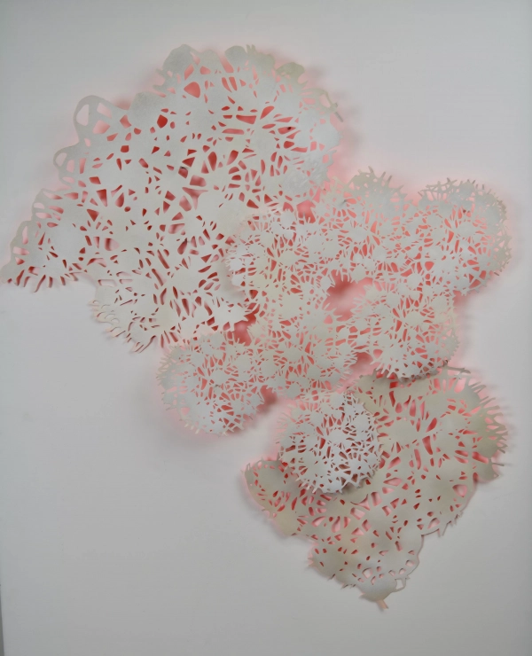 anémochorie, papier découpé et peint, reflets roses, végétal abstrait, installation murale, couleur rose, couleur perlée, ombre et lumière, fragilité, art de la nature, beauté du vivant, femme artiste